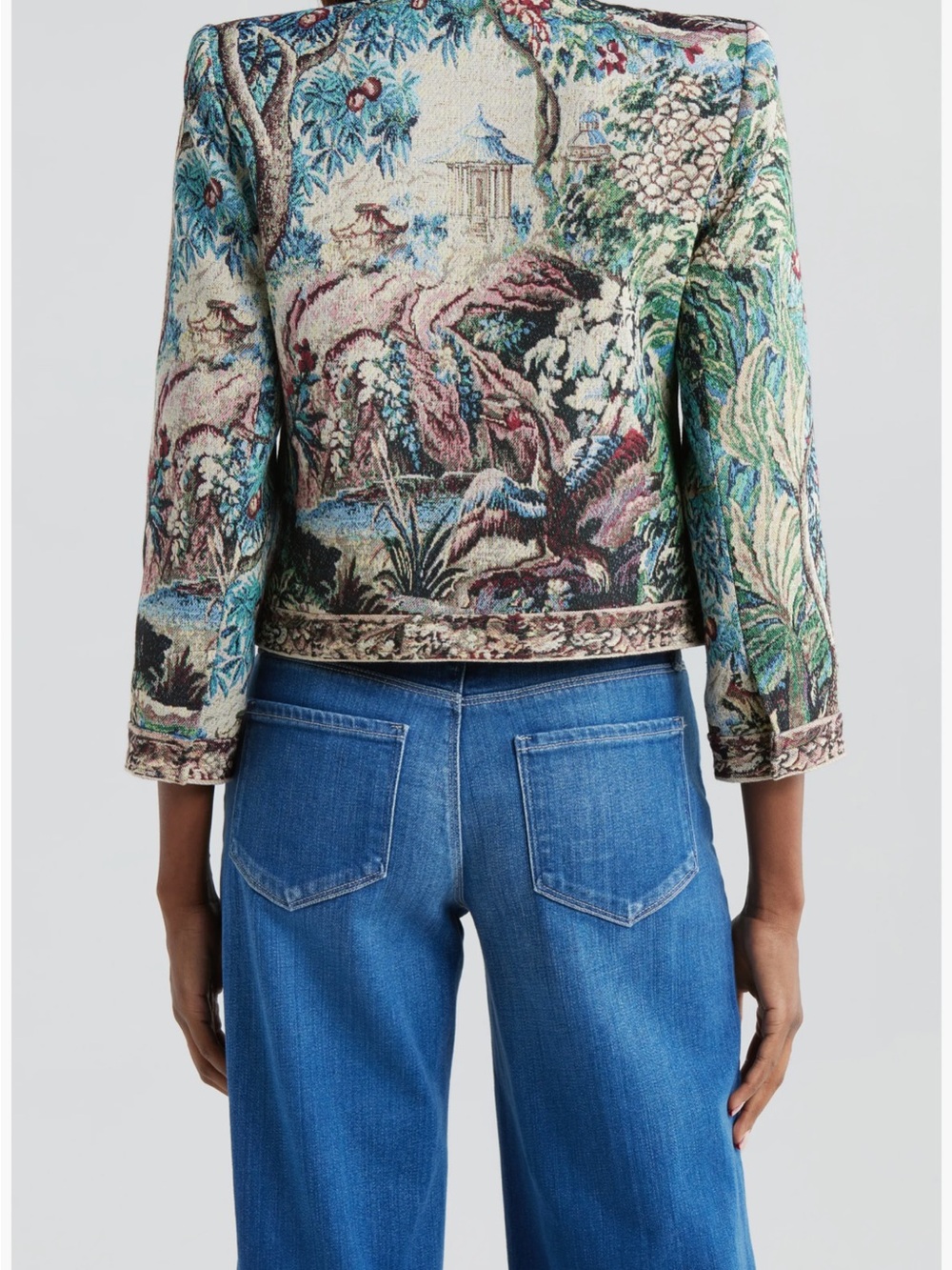 L'AGENCE Lian Multicolor Tapestry Jacket Boxy Collarless Crop Italian Inspire XL - Picture 11 of 11